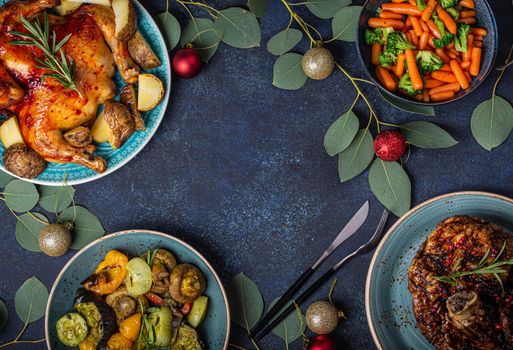 Christmas table top view with food flat lay