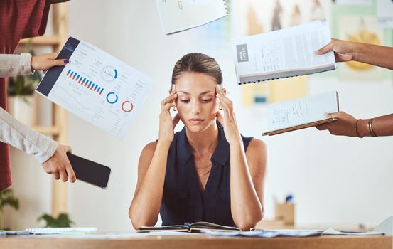 Stress, headache and burnout with business woman feeling overwhelmed by a busy schedule and deadline in an office. Corporate employee suffering anxiety and mental breakdown from workload and tasks