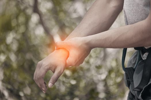 Nature, fitness and man with wrist pain or injury from physical action with red light. Fitness man check for injured muscle and joint inflammation outdoor during activity, workout or training