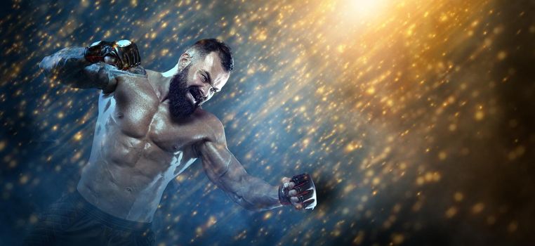 Man boxer in boxing gloves in action hit. Sports website header template. Copy space. Athlete of mixed martial arts.