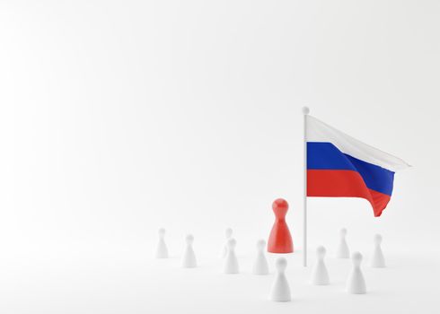Red figure with Russian flag. Vladimir Putin, President of the Russian Federation. Russian aggression against Ukraine, conflict. Save Ukraine. Stop war. Free, copy space for text. 3D rendering.