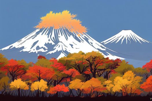 Mt, Fuji with fall colors in Japan, anime style