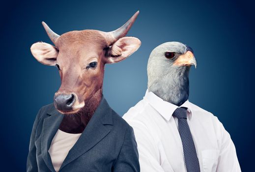 Welcome to the corporate jungle. Conceptual image of animal heads on business people.