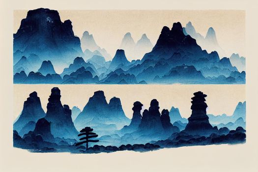 Four paintings of blue mountains hand drawn with ink on white background,
