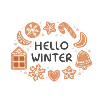 Hello winter phrase with wreath lettering vector