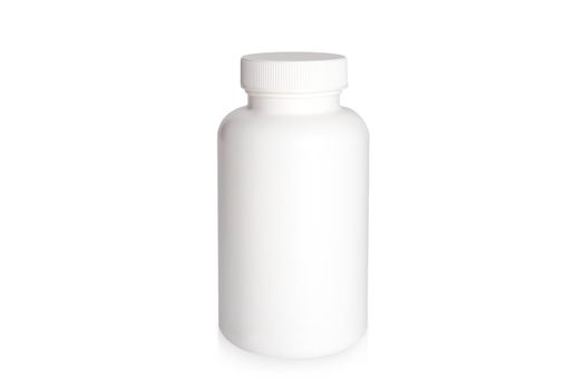 Pills bottle isolated on white background. White medical container for drugs, diet, nutritional supplements. White plastic jar for pills. Packaging mockup template.