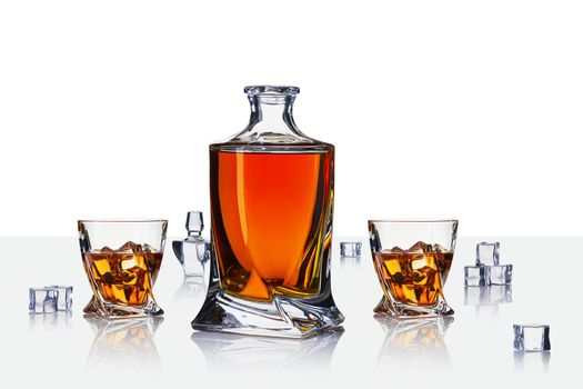 Decanter with cognac. Whiskey decanter on white background.