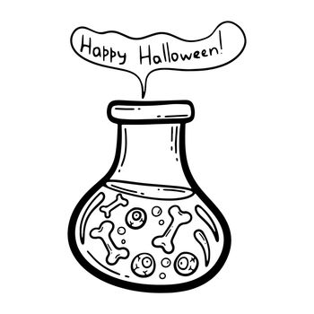 Vector hand drawn illustration. Eyeballs and bones in a flask with poison. Halloween decoration. Jar with venom. Glass bottle