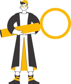 The guy is holding a magnifying glass in his hands. Minimalistic linear style. Isolated. Vector illustration.