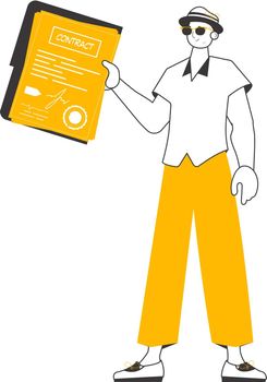 A man holds a contract in his hands. Lineart minimalistic style. Isolated. Vector illustration.