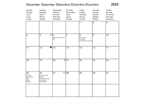 December Multilingual year 2023 calendar