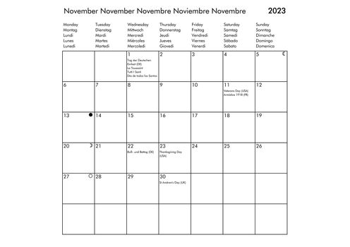 November Multilingual year 2023 calendar