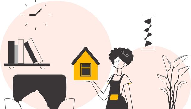 The girl is a specialist in the sale of real estate. Lineart trendy style. Vector