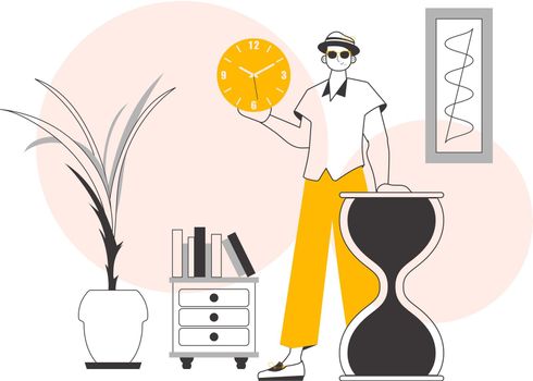 The man is holding a watch. Time management concept. Lineart. Vector illustration.