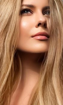 Hair colour, haircare cosmetics and beauty face portrait, beautiful woman with light blonde hairstyle shade