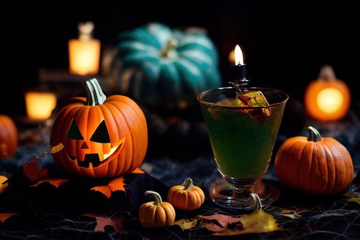 Halloween composition with festive drink, green cocktail and pumpkins