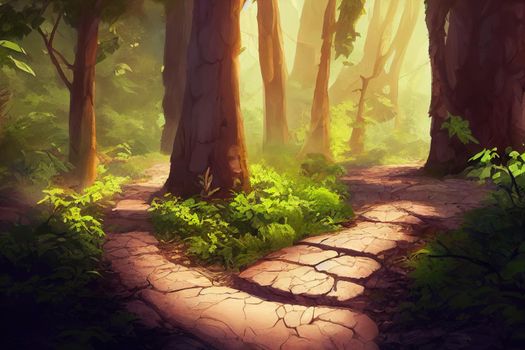 Forest trail scene. Woodland path, anime style,
