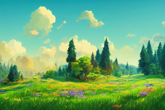 Meadow and forest, nature landscape, background, anime style,