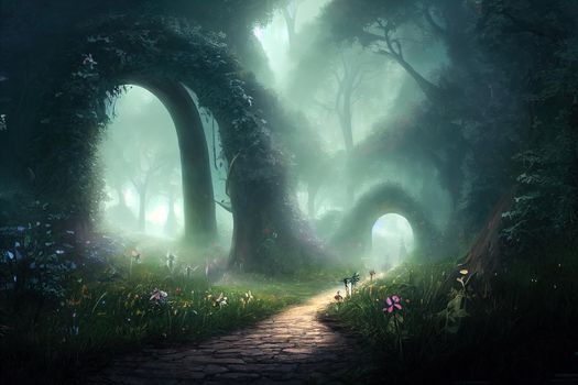 Archway in an enchanted fairy forest landscape, misty dark