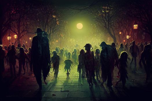 halloween concept of zombie crowd walking at night, digital
