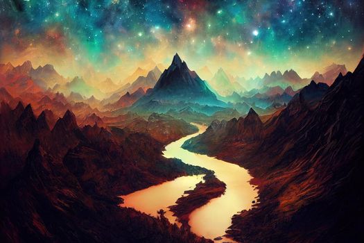 River of stars flows from the mountains, tattoo art,