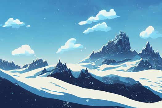 background of snowy mountains anime style, cartoon style toon