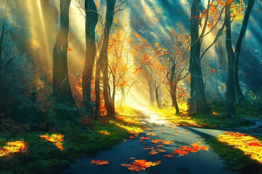 Autumn forest nature. Vivid morning in colorful forest with