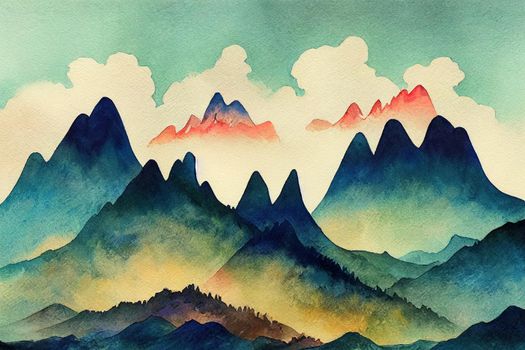 watercolor mountains, toon style, cartoon style