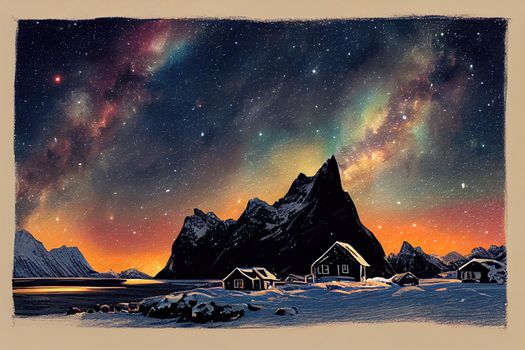 Milky Way above sea coast, snow covered mountains, village,
