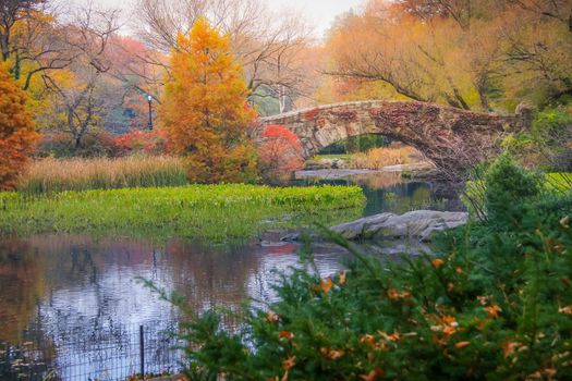 Bridge and lake in Central Park, New York City at golden autumn, USA