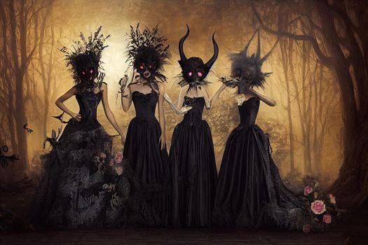 Group of three diverse charming coquettes in dark masquerade