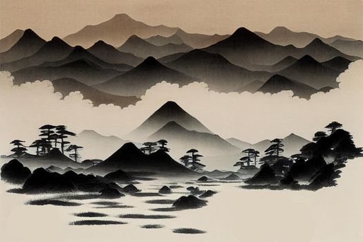 Landscape with mountains, Traditional Japanese ink painting sumi-e, Contains
