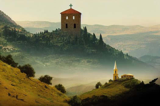 Chapel and cross in the mountains in Lebanon, Panoramic