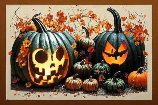 Halloween design with pumpkins . Mixed media 2d drawing