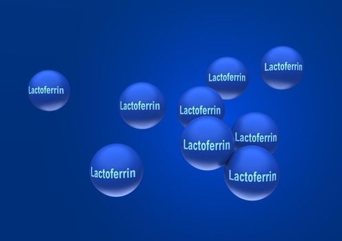 Abstract particles of lactoferrin in the form of blue balls with the inscription lactoferrin on a blue background. 3d rendering illustration