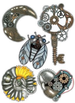 Sticker Pack of Steampunk Elements Drawn by Colored Pencil.