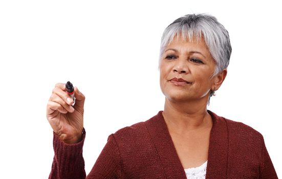 Mature lifestyle. Studio shot of a mature woman holding a marker isolated on white.