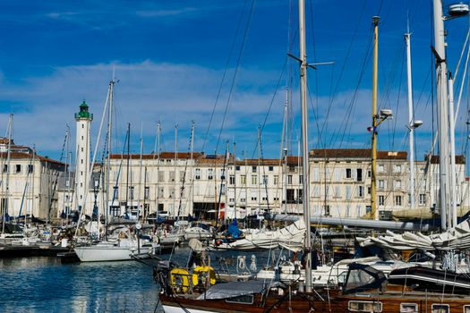 View of the harbour of the French city of La Rochelle with yachts in the foreground.
