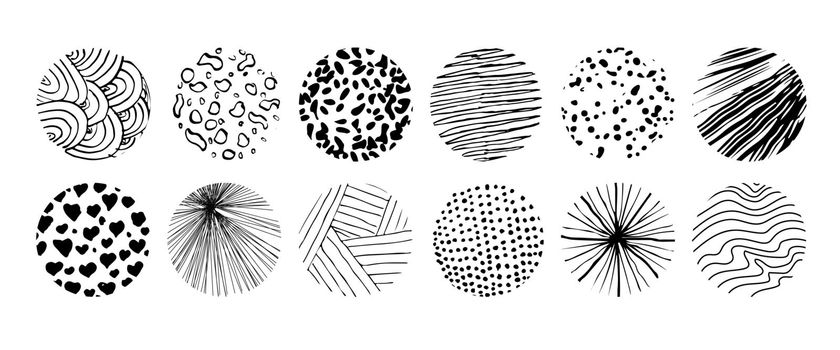 Set of round Abstract black Backgrounds hand-drawn doodles