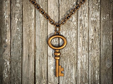 Vintage brass key standing on old wood. 3D illustration