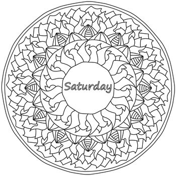 Mandala with Saturday lettering in the center, meditative coloring page with wavy petals and curls