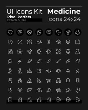 Medicine related pixel perfect white linear ui icons set for dark theme