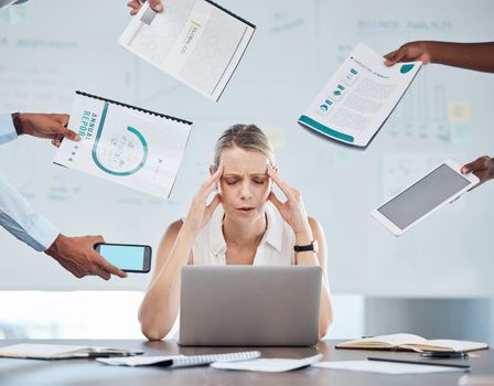 Business woman stress, anxiety and mental health burnout in busy, challenge crisis and frustrated office workplace. Worker headache, poor time management and tired from job pain problem and tax audit