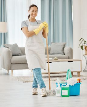 Cleaning floor, house work and woman working in home service mopping living room, doing job with smile and happy to clean house apartment. Portrait of Asian cleaner or housewife housekeeping