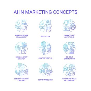 AI in marketing blue gradient concept icons set