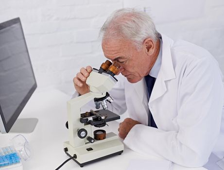 Science is all about observation. a mature scientist using a microscope.