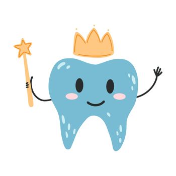 Hand drawn tooth fairy with crown and star magic wand in cartoon flat style. Vector illustration of kawaii tooth character for stickers, web design, kid poster, postcard, fabric print