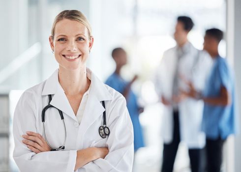 Doctor, healthcare and success woman with stethoscope smile, trust and leadership at medical hospital or clinic. Happy Finland pharmacist manager in medicine innovation, management vision and mission