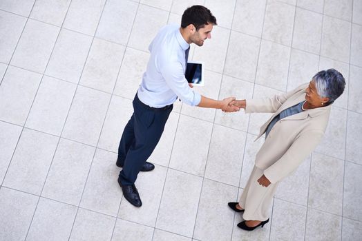 I believe congratulations are in order. High angle shot of two professionals greeting each other with a handshake.