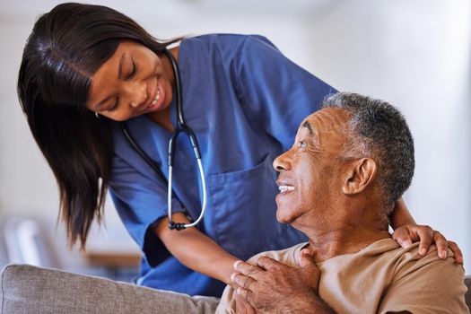 Senior man, volunteer nurse or support caregiver help with elderly in medical nursing home. Smile, happy or trust community employee working healthcare charity in house interior living room.